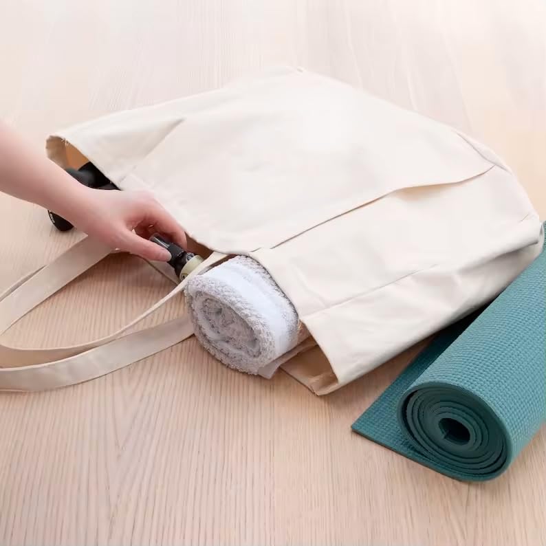 Yoga Canvas Tote Bag, Large Capacity, Sturdy Multifunctional, Shoulder Bag with Mat Carrier, Pockets - My Store