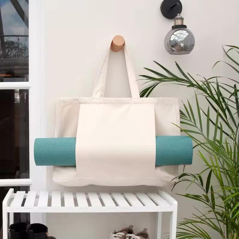 Yoga Canvas Tote Bag, Large Capacity, Sturdy Multifunctional, Shoulder Bag with Mat Carrier, Pockets - My Store