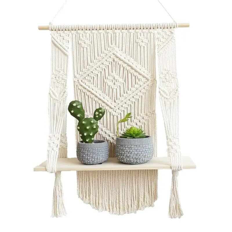 Boho Macrame Wall Hanging Shelf, Woven Rope Holder for Plants, Rustic Decor, 12 x 12 inches - My Store
