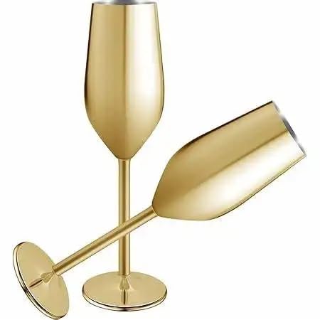 2 Pc set- Gold Stainless Steel Champagne Flutes – Unbreakable Luxury Goblets for Moët & Chandon, Red Wine Glasses, Elegant Wedding, Bridal Shower, Stainless Steel Champagne Flutes, Set of 2, Gold - My Store