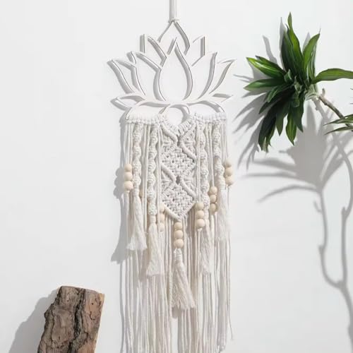 Lotus Macrame Wall Hanging, Boho Large Dream Catcher, Woven Wall Decor, 32.08 Inches Long, White Cotton - My Store