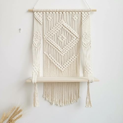 Boho Macrame Wall Hanging Shelf, Woven Rope Holder for Plants, Rustic Decor, 12 x 12 inches - My Store