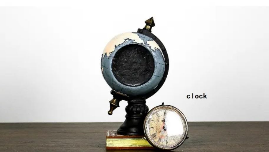 Resin Vintage Globe Clock with Meridian Ring, Mini Universal Tellurian Terrestrial Globe Desktop Ornament, 12 x 6 inches - My Store