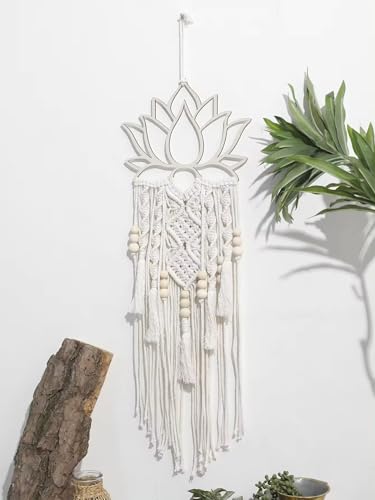 Lotus Macrame Wall Hanging, Boho Large Dream Catcher, Woven Wall Decor, 32.08 Inches Long, White Cotton - My Store