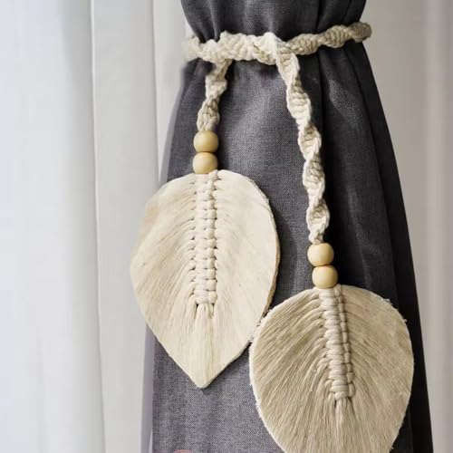 2 Pc Set Leaf Design Curtain Tiebacks - Handmade White Rope Curtain Holders - Boho Home Decorative Tie Backs - Window Accessories for Bedroom, Living Room, Nursery, Office, and Housewarming Gifts - My Store