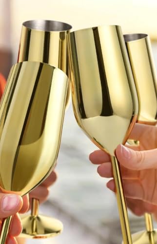 2 Pc set- Gold Stainless Steel Champagne Flutes – Unbreakable Luxury Goblets for Moët & Chandon, Red Wine Glasses, Elegant Wedding, Bridal Shower, Stainless Steel Champagne Flutes, Set of 2, Gold - My Store