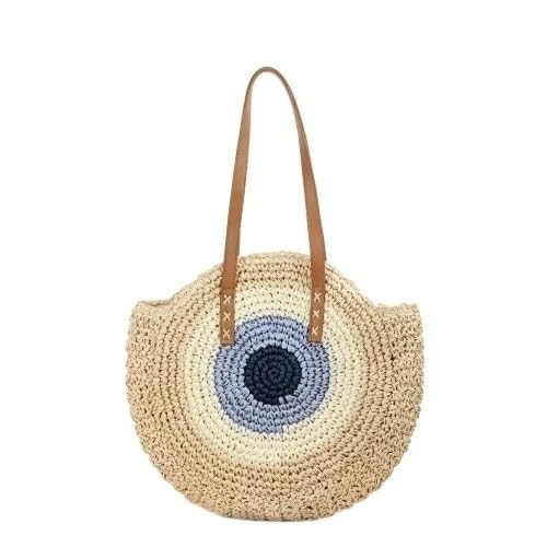 Women's Vintage Round Straw Handbag- Large Capacity Gradient Beach Tote with Hollow Design, Casual Shoulder Bag, Boho Round Straw Tote, Handwoven Straw Beach Handbag, Summer Handbag - My Store