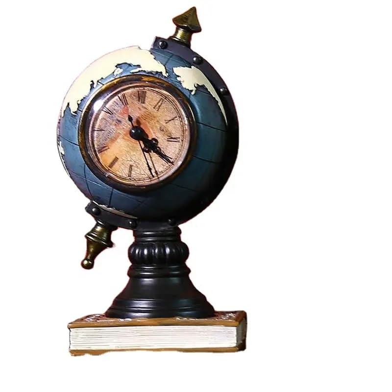 Resin Vintage Globe Clock with Meridian Ring, Mini Universal Tellurian Terrestrial Globe Desktop Ornament, 12 x 6 inches - My Store