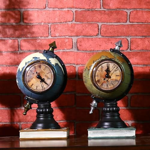 Resin Vintage Globe Clock with Meridian Ring, Mini Universal Tellurian Terrestrial Globe Desktop Ornament, 12 x 6 inches - My Store