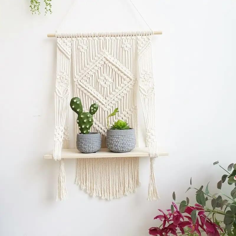Boho Macrame Wall Hanging Shelf, Woven Rope Holder for Plants, Rustic Decor, 12 x 12 inches - My Store