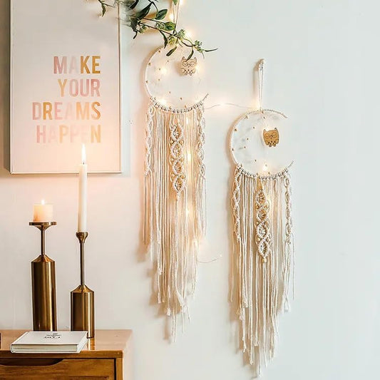 Large Bohemian Owl Macrame Wall Hanging, 2-Piece Set – Woven Moon Tapestry, Dream Catcher with Tassels, Handmade Crochet, Boho Chic Wall Art for Living Room, Bedroom, Nursery, or Dorm Room Decor - My Store