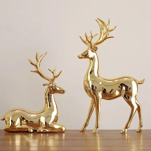 Nordic Style Golden Resin Deer Set, Standing and Sitting, for TV Cabinet, Living Room, Entrance Decor- 2 Pcs Set - My Store