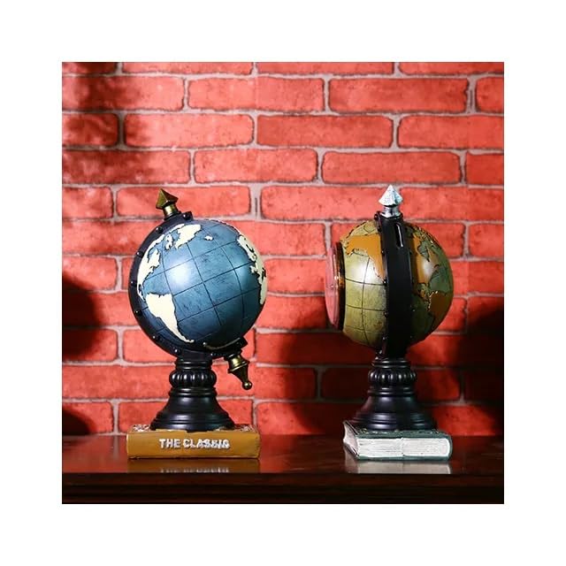 Resin Vintage Globe Clock with Meridian Ring, Mini Universal Tellurian Terrestrial Globe Desktop Ornament, 12 x 6 inches - My Store
