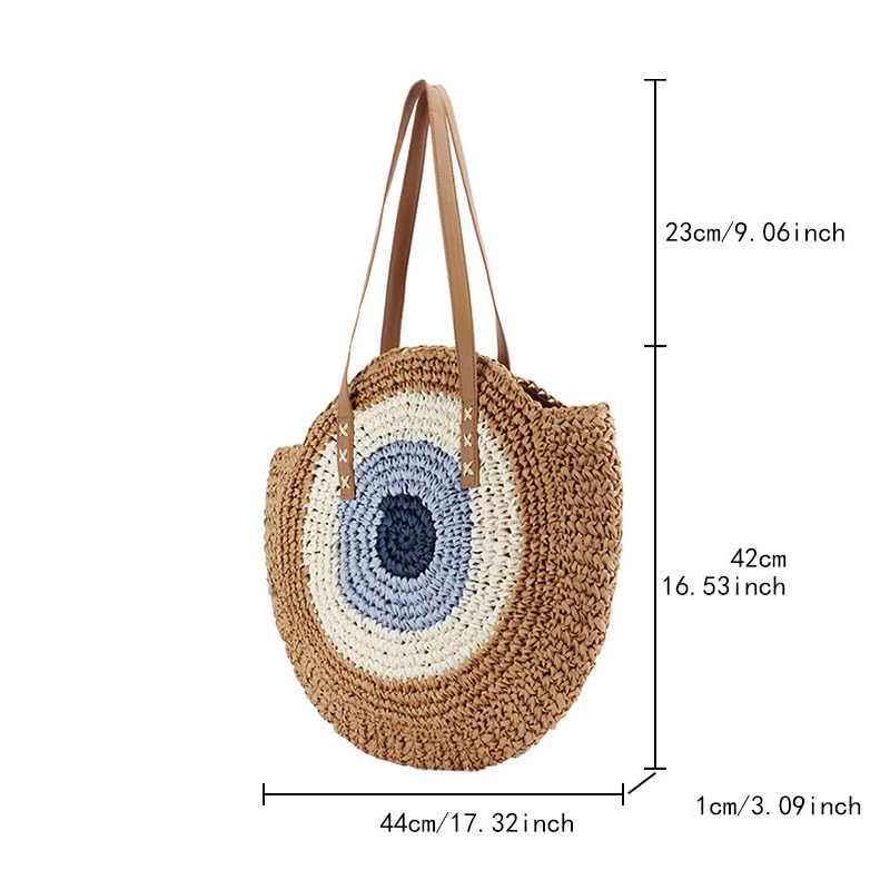 Women's Vintage Round Straw Handbag- Large Capacity Gradient Beach Tote with Hollow Design, Casual Shoulder Bag, Boho Round Straw Tote, Handwoven Straw Beach Handbag, Summer Handbag - My Store