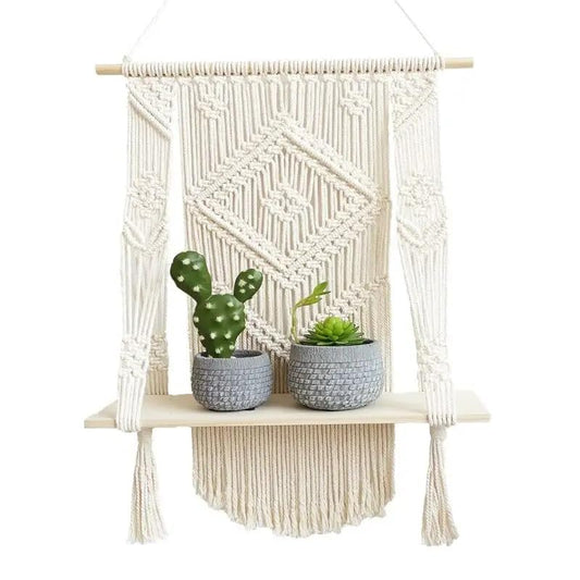 Boho Macrame Wall Hanging Shelf, Woven Rope Holder for Plants, Rustic Decor, 12 x 12 inches - My Store