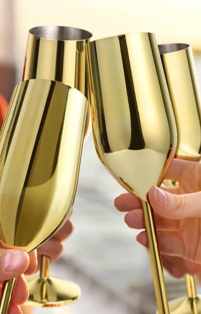 2 Pc set- Gold Stainless Steel Champagne Flutes – Unbreakable Luxury Goblets for Moët & Chandon, Red Wine Glasses, Elegant Wedding, Bridal Shower, Stainless Steel Champagne Flutes, Set of 2, Gold - My Store