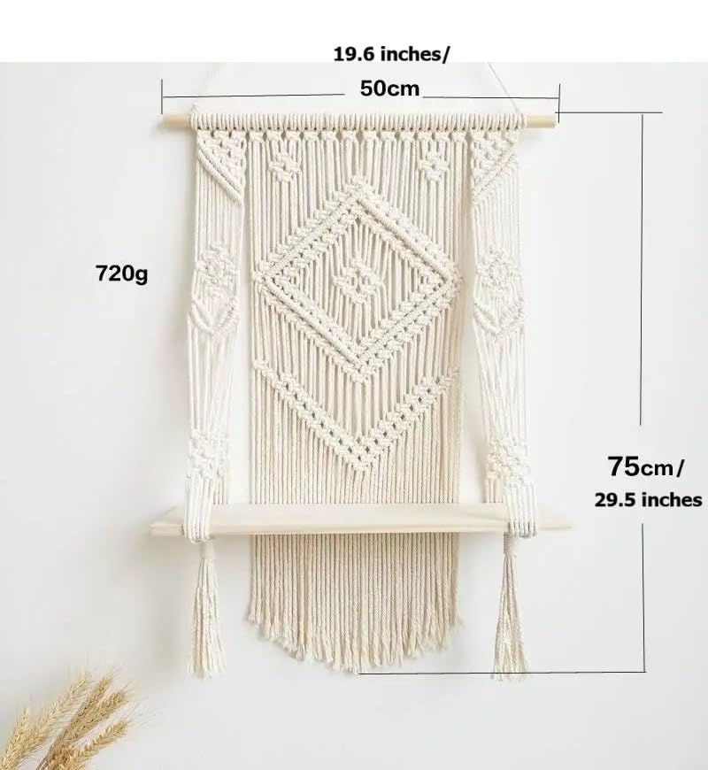 Boho Macrame Wall Hanging Shelf, Woven Rope Holder for Plants, Rustic Decor, 12 x 12 inches - My Store