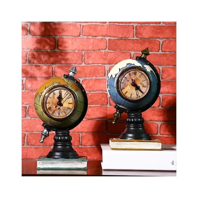 Resin Vintage Globe Clock with Meridian Ring, Mini Universal Tellurian Terrestrial Globe Desktop Ornament, 12 x 6 inches - My Store