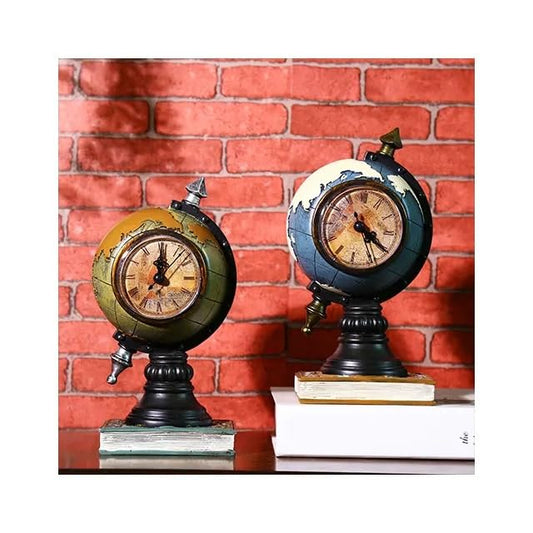 Resin Vintage Globe Clock with Meridian Ring, Mini Universal Tellurian Terrestrial Globe Desktop Ornament, 12 x 6 inches - My Store