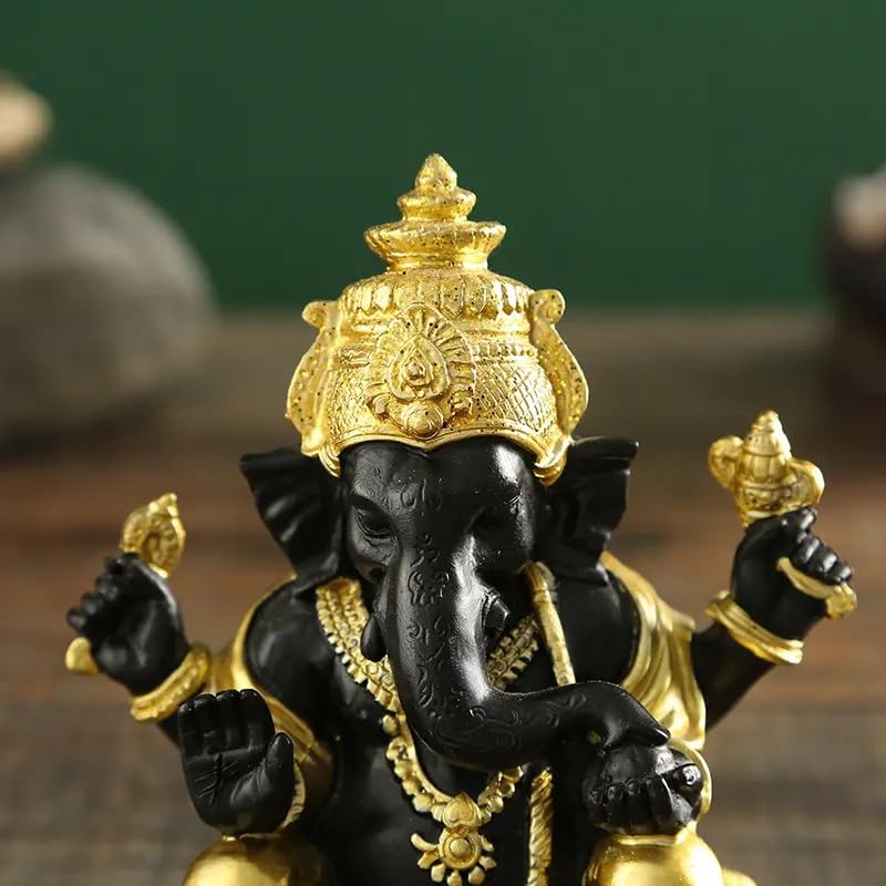 Hindu Elephant Ganesha Sculpture - Gold and Black Lord Ganesha Idol Statue, Resin Craft Hindu God Figurine for Home Decor, Spiritual Decoration, Temple, Meditation Room - My Store