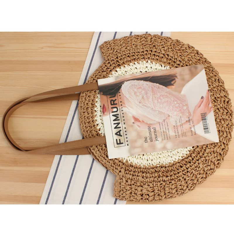 Women's Vintage Round Straw Handbag- Large Capacity Gradient Beach Tote with Hollow Design, Casual Shoulder Bag, Boho Round Straw Tote, Handwoven Straw Beach Handbag, Summer Handbag - My Store