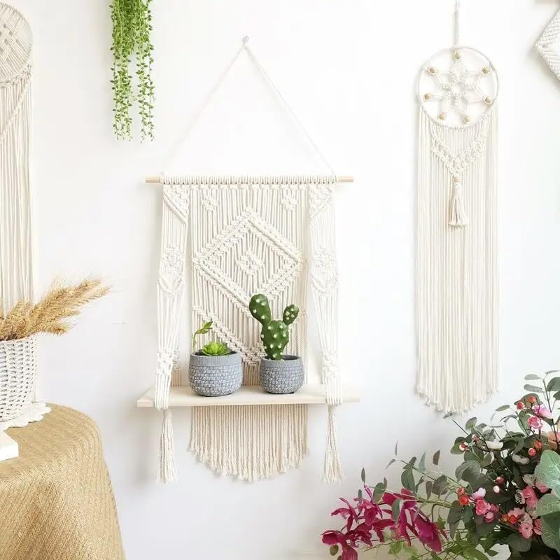 Boho Macrame Wall Hanging Shelf, Woven Rope Holder for Plants, Rustic Decor, 12 x 12 inches - My Store