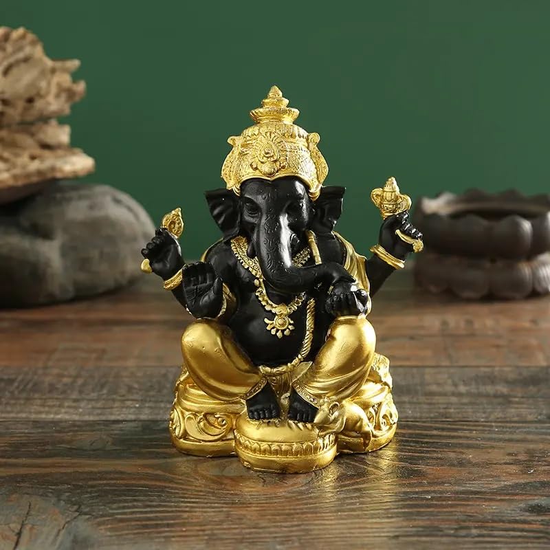 Hindu Elephant Ganesha Sculpture - Gold and Black Lord Ganesha Idol Statue, Resin Craft Hindu God Figurine for Home Decor, Spiritual Decoration, Temple, Meditation Room - My Store