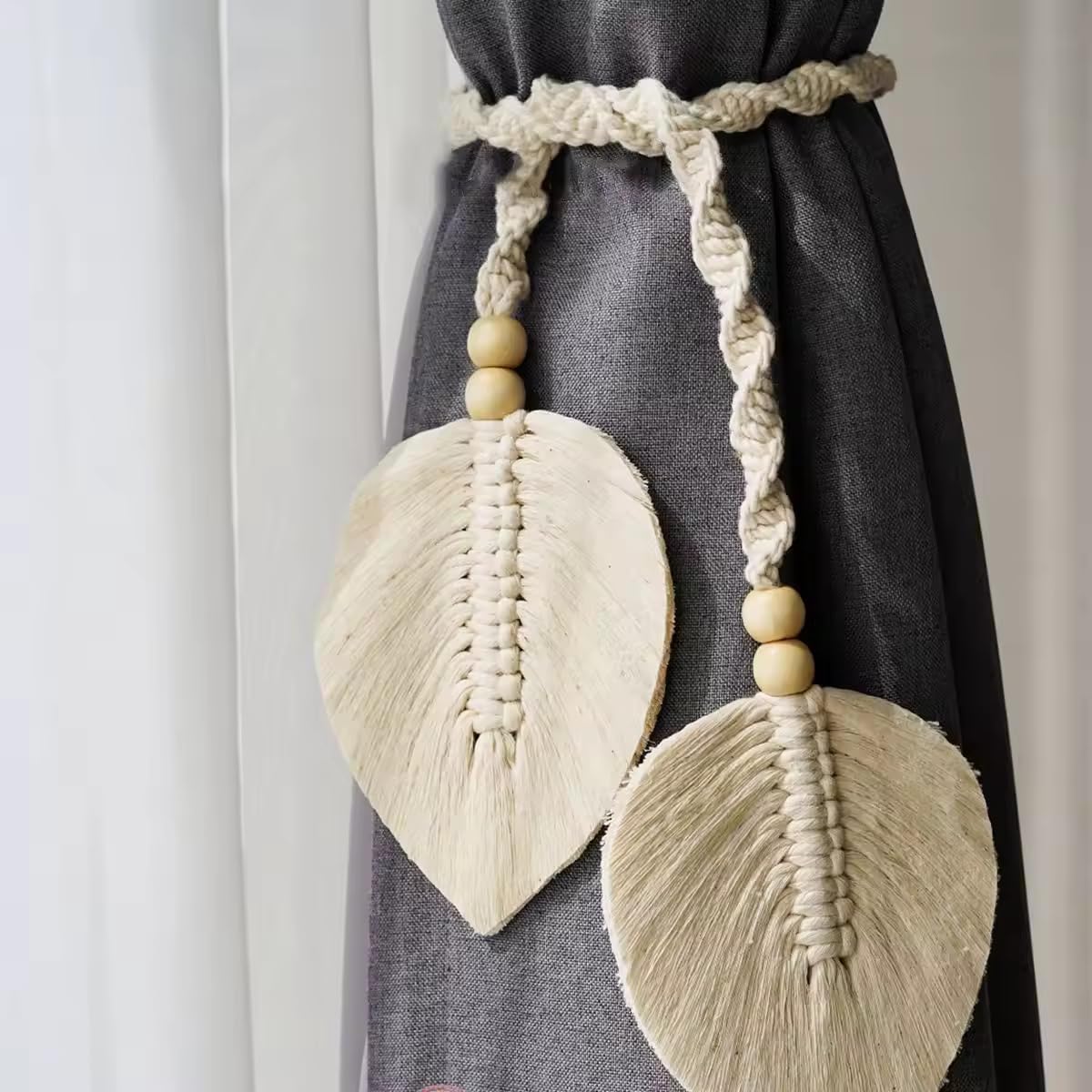 2 Pc Set Leaf Design Curtain Tiebacks - Handmade White Rope Curtain Holders - Boho Home Decorative Tie Backs - Window Accessories for Bedroom, Living Room, Nursery, Office, and Housewarming Gifts - My Store