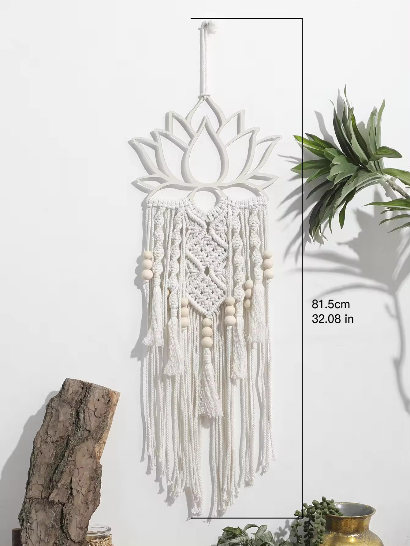 Lotus Macrame Wall Hanging, Boho Large Dream Catcher, Woven Wall Decor, 32.08 Inches Long, White Cotton - My Store