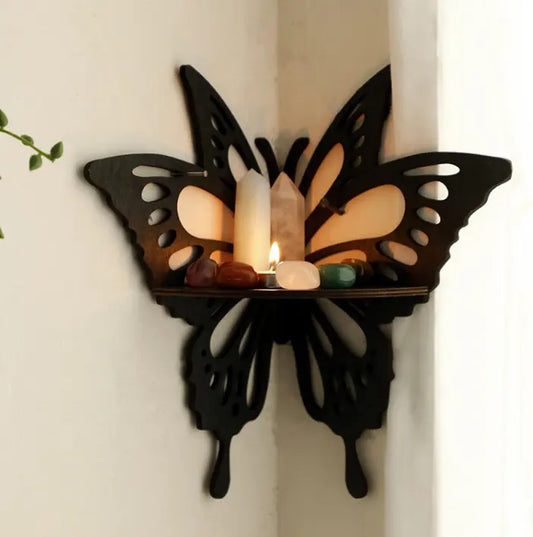 Butterfly Corner Wood Shelf Display Stand – Boho Crystal Shelf Wall Organizer, Wooden Hollow Butterfly Wall Storage, Black Wall Art for Living Room, Meditation Room, Home Decor (1, Butterfly) - My Store