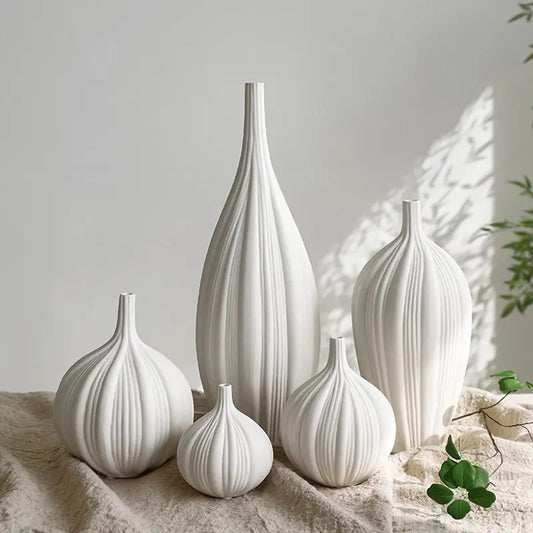 5-Piece Nordic White Ceramic Vase Set - Modern Garlic-Shaped Tall Vases for Home Decor, Living Room, Creative Desktop Accessories, Minimalist Decoration - My Store