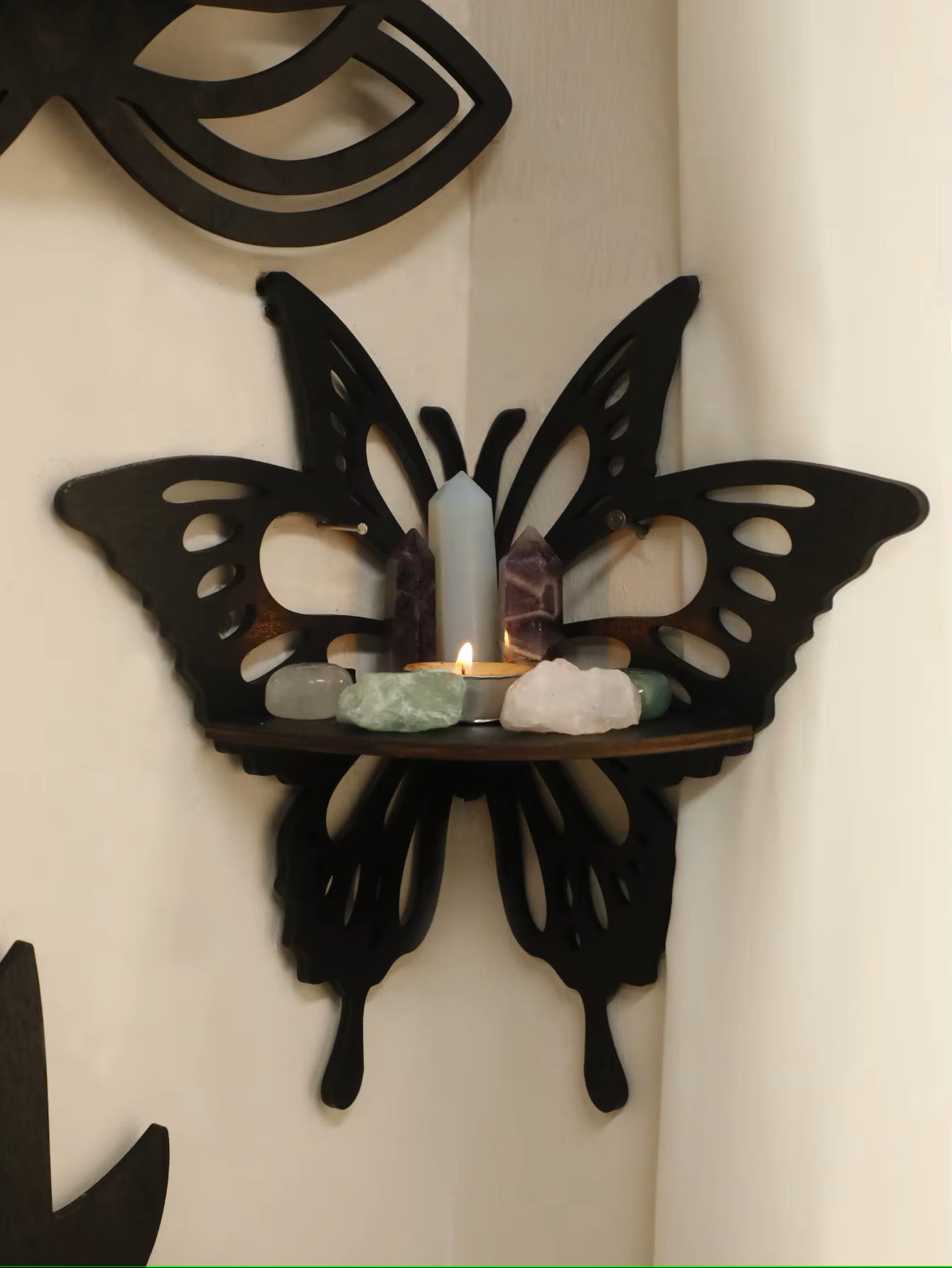 Butterfly Corner Wood Shelf Display Stand – Boho Crystal Shelf Wall Organizer, Wooden Hollow Butterfly Wall Storage, Black Wall Art for Living Room, Meditation Room, Home Decor (1, Butterfly) - My Store