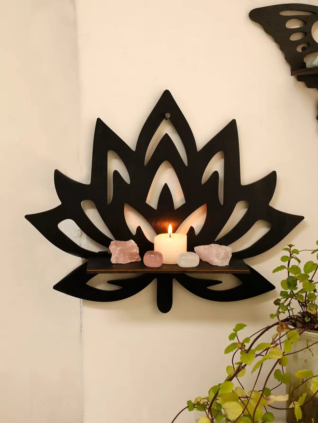 Lotus Wood Shelf Display Stand – Boho Crystal Shelf Wall Organizer, Wooden Hollow Wall Storage, Black Wall Art for Living Room, Meditation Room, Home Decor - My Store