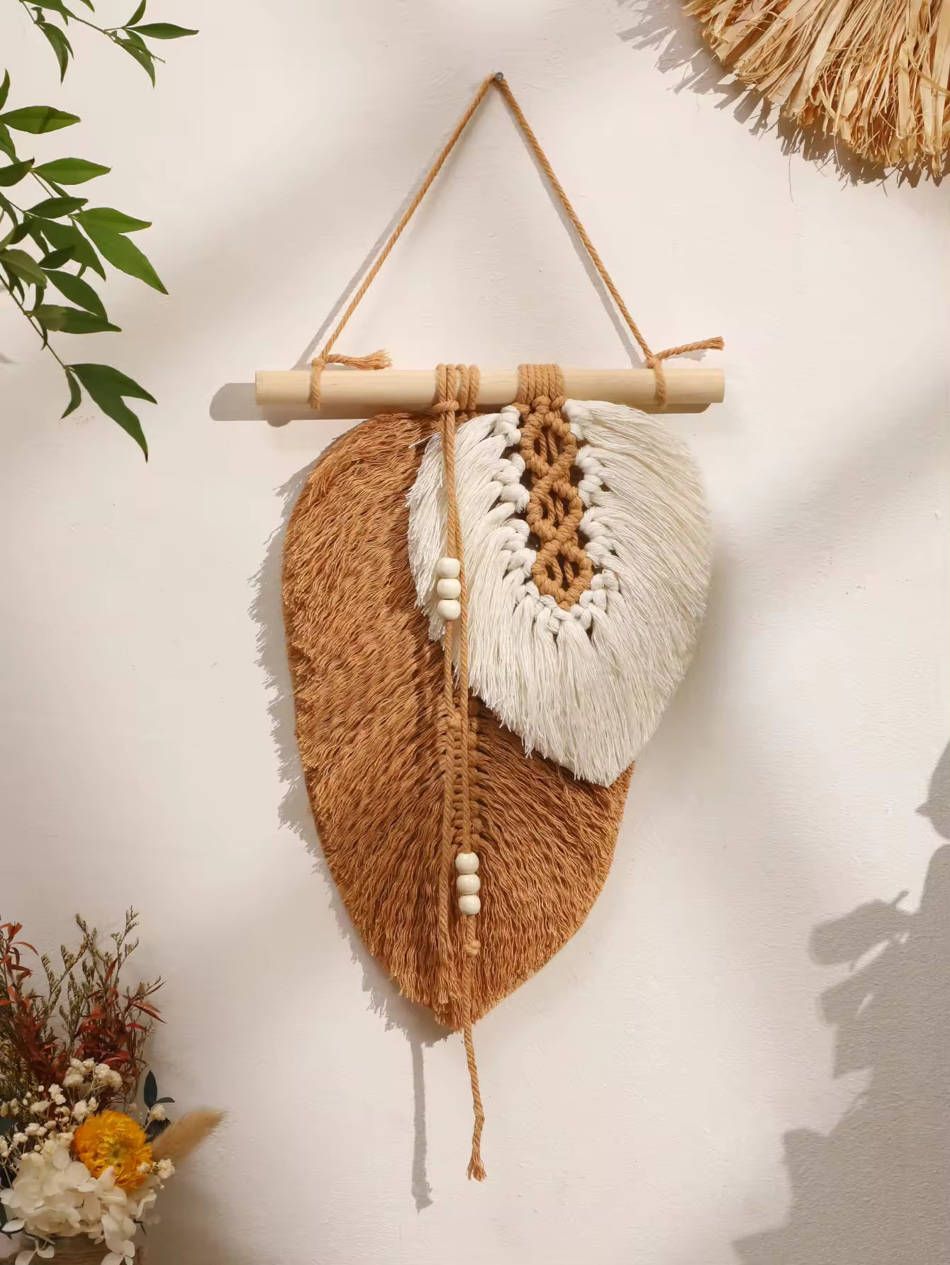 Handmade Macrame Leaf Wall Hanging, Boho Woven Leaves Tapestry, Wall Art for Bedroom - My Store